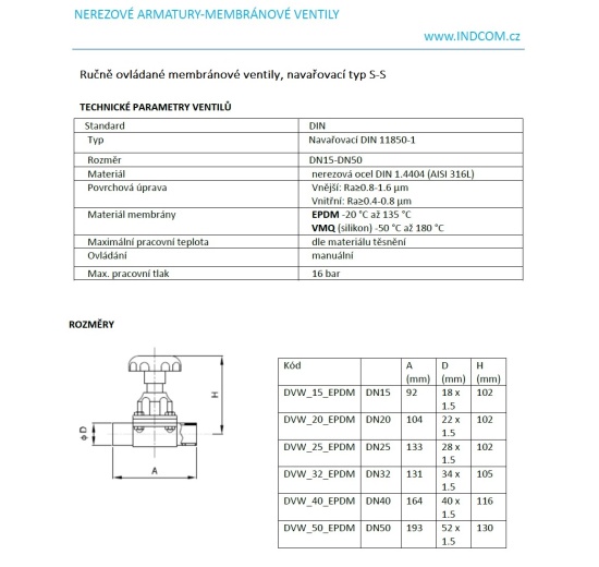 Vanne à membrane, type de soudage S-S, Silicone