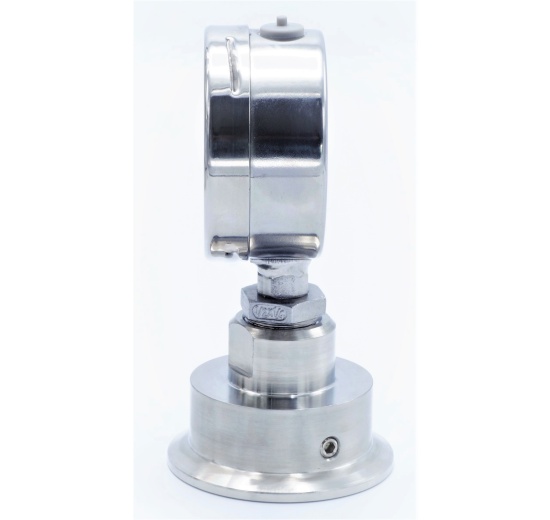 tlakoměr celonerezový s oddělovací membránou, číselník 63 mm, clamp límeček 64 mm, rozsah měření 0-4 bary