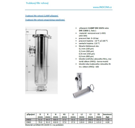 Filtre tubulaire – filtre à moût, raccordement: CLAMP DN50 (K64)