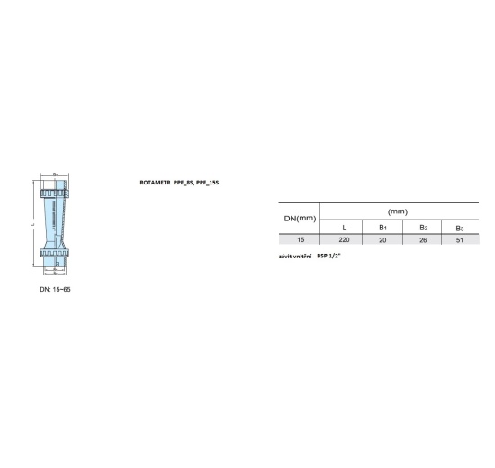Plováčkový průtokoměr /rotametr/, 0.1~1 m3/hod vnitřní závit BSP 1/2"