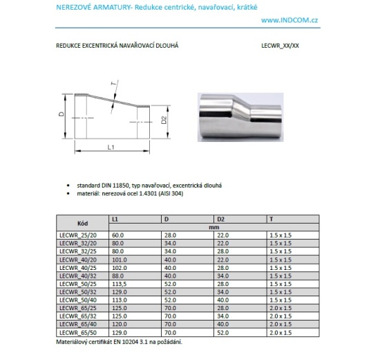 Redukce excentrické navařovací, dlouhé, nerez