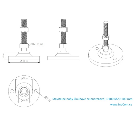 Pieds en acier inoxydable, réglables en hauteur, avec articulation| D100 M20 100 mm