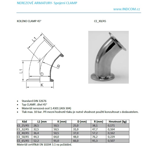 CLAMP DIN 32676  bezešvé koleno 45°- rozměry