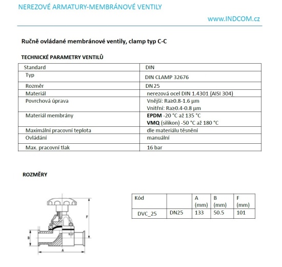 Vanne à membrane, manuelle, Clamp type C-C, vanne à membrane
