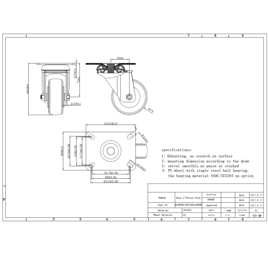 Kolečka transportní, otočná, nerezová, průměr 75 mm