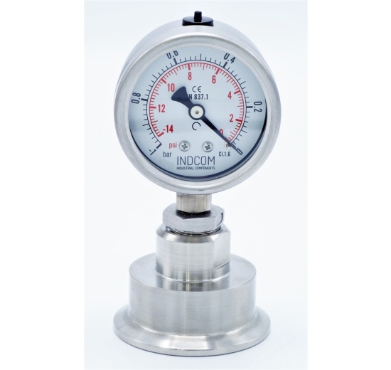 Manomètre tout acier inoxydable, cadran 63 mm, avec membrane de séparation-CLAMP DIN 32676, collier 64 mm  | -1 à 0 bar, (CLAMP-64 mm)