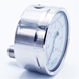 nerezový manometr se zadním (axiálním) připojením, číselník 100 mm, rozsah měření 0-4 bar