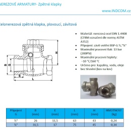 celonerezová zpětná klapka, plovoucí, závitová 1/2”