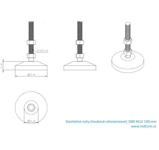 Pieds en acier inoxydable, réglables en hauteur, avec articulation D80 M12 100 mm