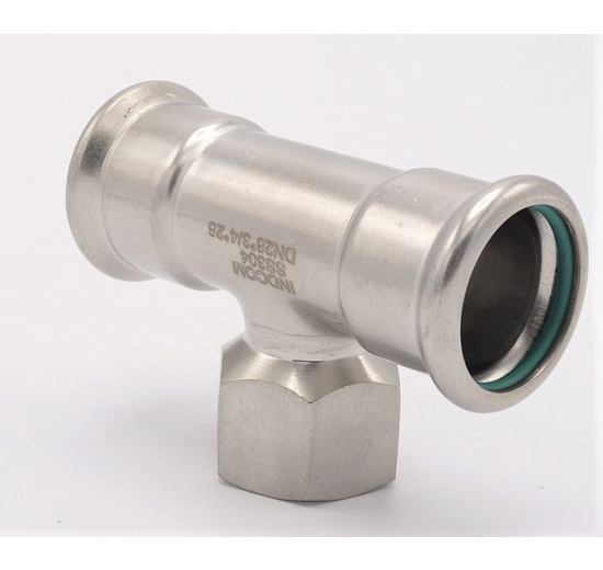 Pièce en T, pressée, F/F(filetage intérieur)/F 28_3/4"_28, acier inoxydable