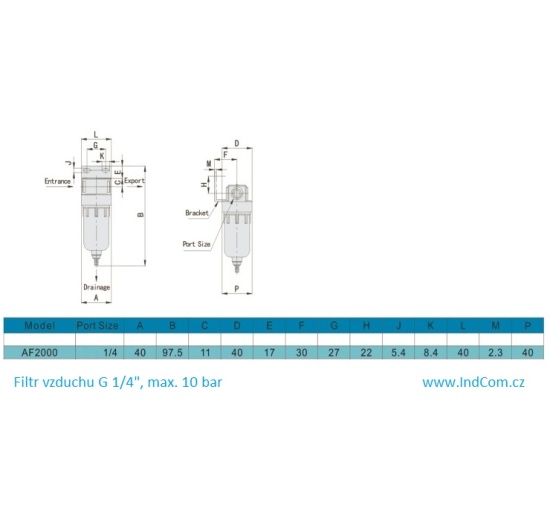filtr vzduchu G 1/4", max. 10 bar - rozměry