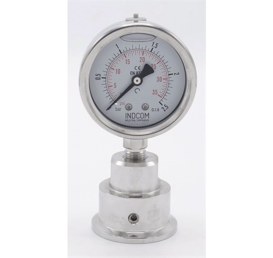 Manomètre avec séparateur à membrane - en acier inoxydable CLAMP, cadran 63 mm | 0-2,5 bar, (clamp-50,5mm)