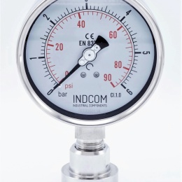 celonerezový tlakoměr s clamp oddělovací membránou (límeček 50,5 mm), číselník 100 mm, 0-6 bar