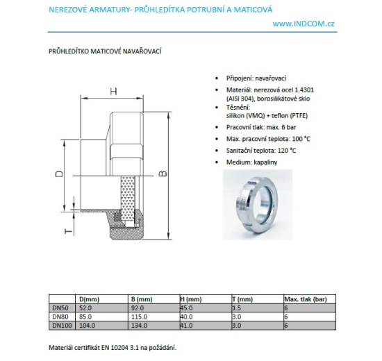 Indicateur de circulation en inox, raccordement à souder, (pour cuves)