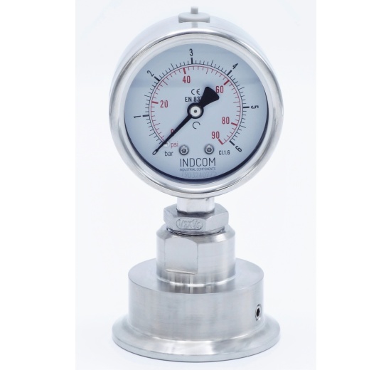 Manomètre tout acier inoxydable, cadran 63 mm, avec membrane de séparation-CLAMP DIN 32676, collier 64 mm | 0-6 bar, (CLAMP-64 mm)