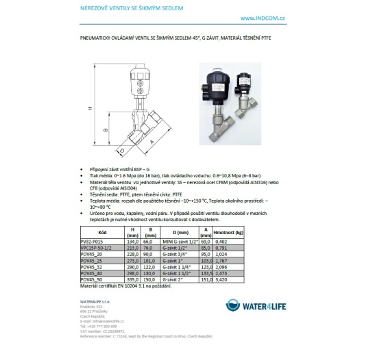 Vanne pneumatique avec le siège incliné-45°, G-filetage, Matériau du joint PTFE