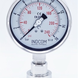 celonerezový tlakoměr s oddělovací membránou clamp (límeček 50,5 mm), číselník 100 mm, 0-16 bar