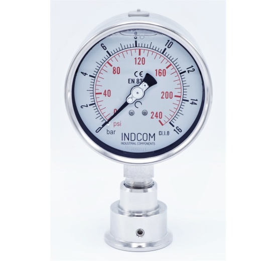 celonerezový tlakoměr s oddělovací membránou clamp (límeček 50,5 mm), číselník 100 mm, 0-16 bar