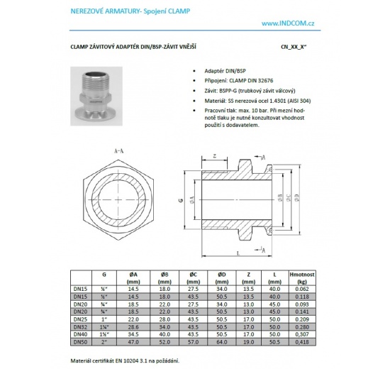 Adaptateur fileté CLAMP, filetage externe (mamelon)_fiche catalogue