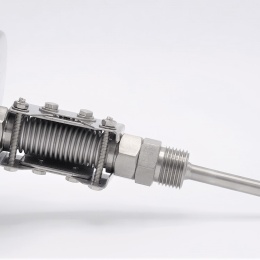 Celonerezový bimetalový teploměr s ponorným dříkem, závitový, úhlový přípoj, 0-50 ℃ (1/2”) 100 mm