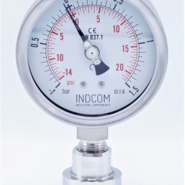 celonerezový tlakoměr s oddělovací membránou clamp (límeček 50,5 mm), číselník 100 mm, -1 až 1,5 bar