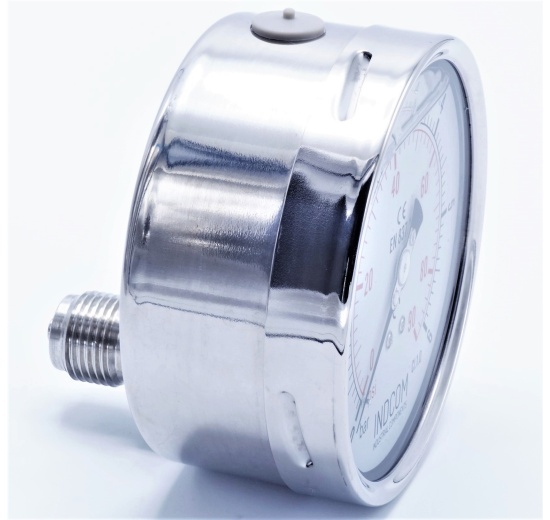 nerezový manometr se zadním (axiálním) připojením, číselník 100 mm, rozsah měření 0-6 bar