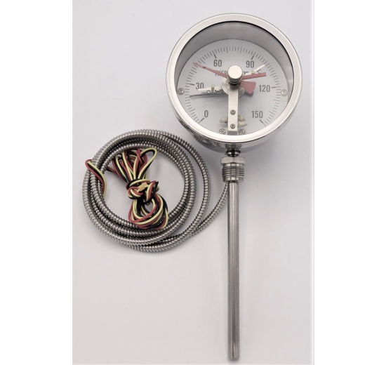 Celonerezový teploměr bimetalový s elektrickými kontakty | SS304, 0-150°C, dřík 6"