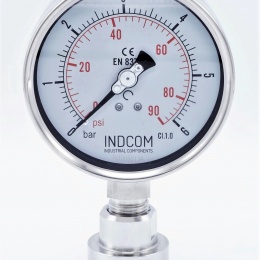 celonerezový tlakoměr s clamp oddělovací membránou (límeček 50,5 mm), číselník 100 mm, 0-6 bar