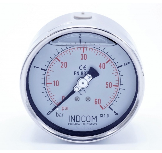 celonerezový tlakoměr se zadním (axiálním) připojením, rozsah měření 0-4 bar, číselník 100 mm