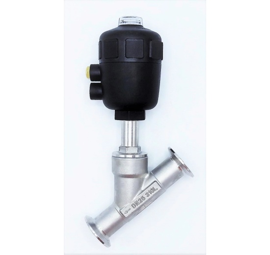 Vanne à commande pneumatique avec siège incliné à 45°, collier de serrage