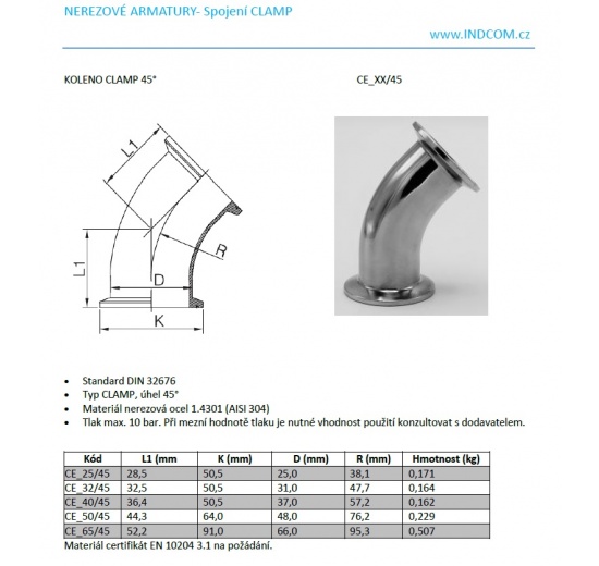 CLAMP DIN 32676  bezešvé koleno 45°- rozměry