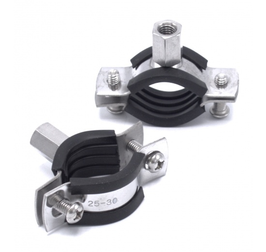 Collier de serrage avec caoutchouc EPDM, deux vis, acier inoxydable DIN 1.4301, M8 _ 25-30 mm