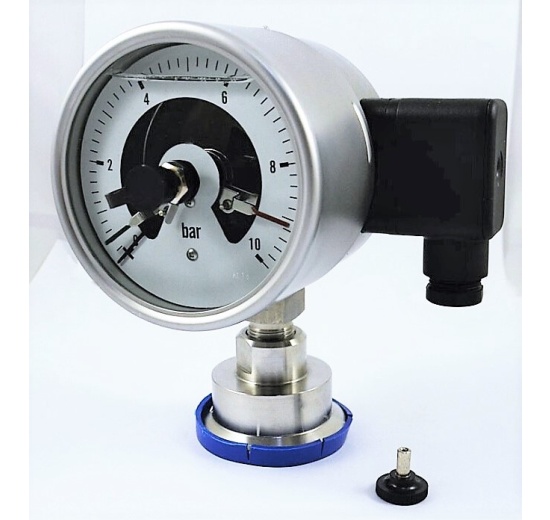Manomètre tout inox avec contacts électriques, membrane séparatrice, 100 mm 0-10 bar, (CLAMP DIN-64 mm)