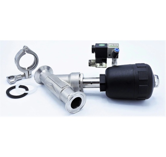 Vanne à commande pneumatique avec siège incliné à 45°, collier de serrage