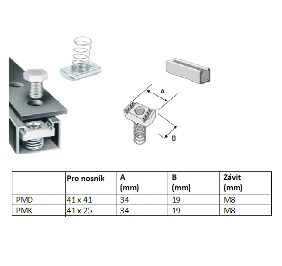 Ecrou coulissant M8 avec ressort zingué ressort long (profil 41x41)