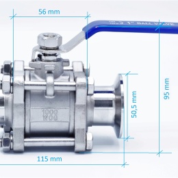 Nerezový kulový kohout s plným průtokem, třídílný, CLAMP DN25 (K50.5)_rozměry