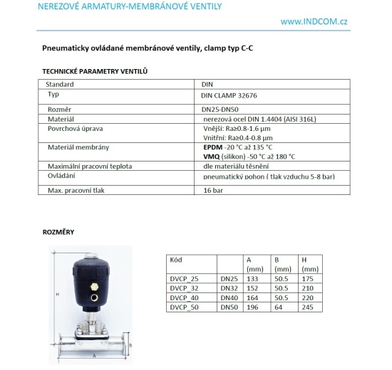 Vanne pneumatique, membrane, Clamp type C-C