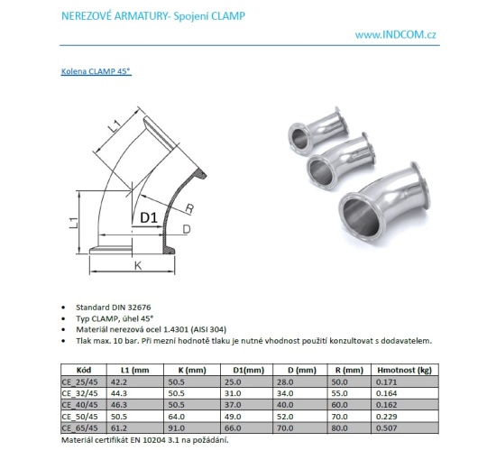 Coudes, Clamp 45 ° | DN65 (70x2 mm / collier de clamp 91 mm)