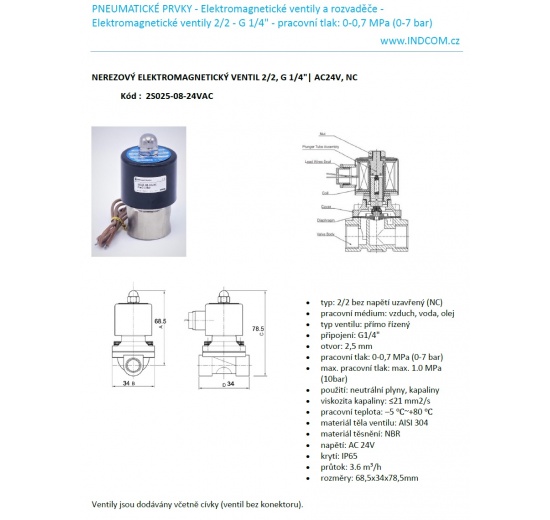 Électrovanne en acier inoxydable 2/2, G 1/4 " | AC24V, NC