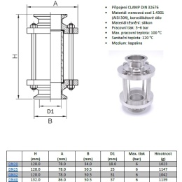 Sanitaire verre de viséur droit, inox, Clamp C-C, court | DN20 (collier 34mm)