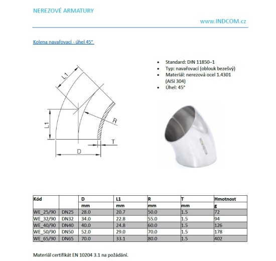 fiche de catalogue coudes à souder 45° DN32 (34x1,5mm)