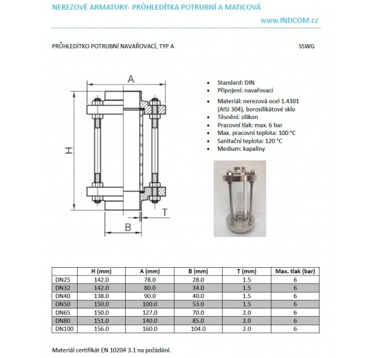 Indicateur de circulation droit, à souder S-S, type A