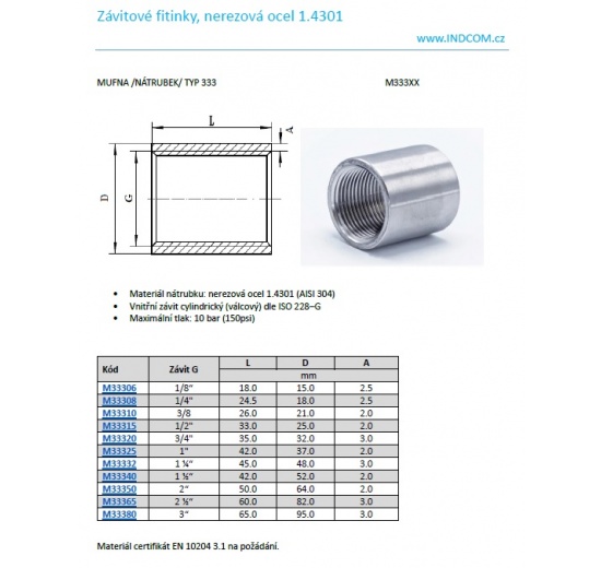 Manchon égal femelle type 333