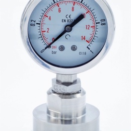 Manomètre tout acier inoxydable, cadran 63 mm, avec membrane de séparation-CLAMP DIN 32676, collier 64 mm 0-1 bar, (CLAMP-64 mm)