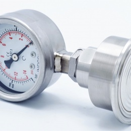 Manomètre tout acier inoxydable, cadran 63 mm, avec membrane de séparation-CLAMP DIN 32676, collier 64 mm   -1 à 0 bar, (CLAMP-64 mm)