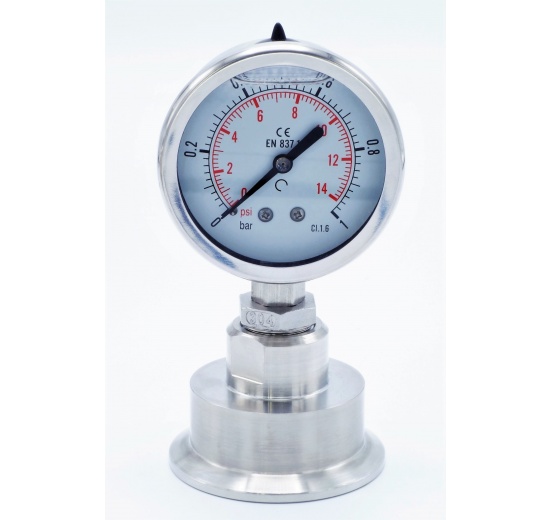 Manomètre tout acier inoxydable, cadran 63 mm, avec membrane de séparation-CLAMP DIN 32676, collier 64 mm 0-1 bar, (CLAMP-64 mm)