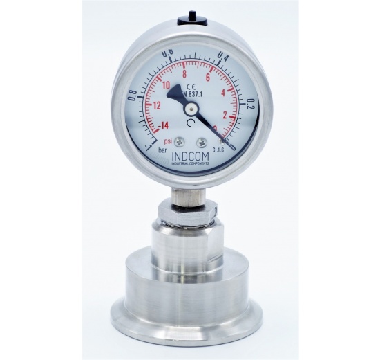 Manomètre tout acier inoxydable, cadran 63 mm, avec membrane de séparation-CLAMP DIN 32676, collier 64 mm  | -1 à 0 bar, (CLAMP-64 mm)