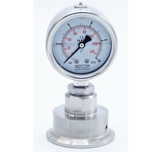 Manomètre tout acier inoxydable, cadran 63 mm, avec membrane de séparation-CLAMP DIN 32676, collier 64 mm | 0-10 bar, (CLAMP-64 mm)