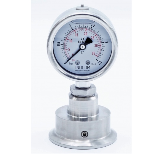Manomètre tout acier inoxydable, cadran 63 mm, avec membrane de séparation-CLAMP DIN 32676, collier 64 mm 0-2.5 bar, (CLAMP-64 mm)