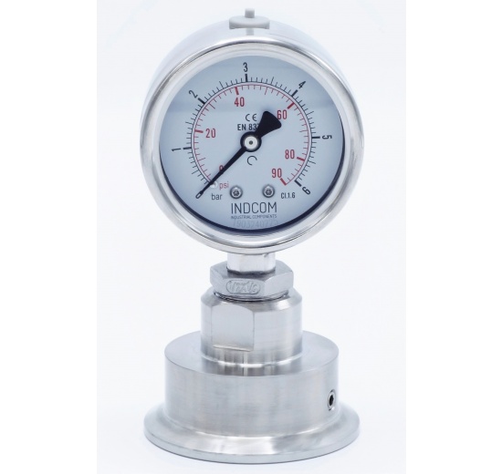 Manomètre tout acier inoxydable, cadran 63 mm, avec membrane de séparation-CLAMP DIN 32676, collier 64 mm | 0-6 bar, (CLAMP-64 mm)